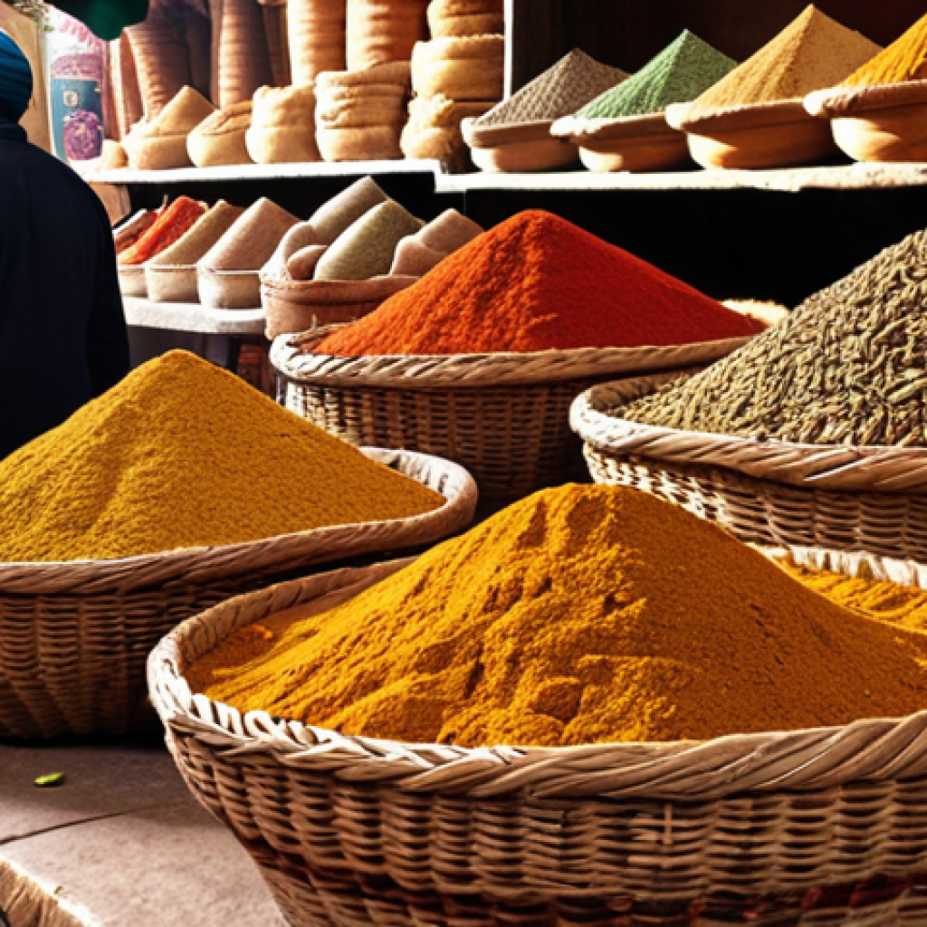 **

A bustling Egyptian spice market scene. Focus on vibrant colors of spices (cumin, cardamom, sumac, harissa) piled high in baskets and sacks.  A local merchant with a friendly face interacts with customers. Capture the atmosphere of a traditional souk.  Include details like ornate lamps and Arabic script in the background.

**