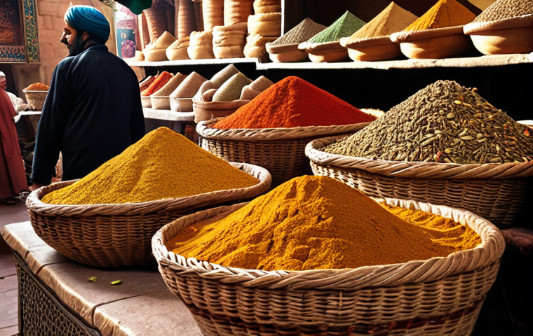 **
A bustling Egyptian spice market scene. Focus on vibrant colors of spices (cumin, cardamom, sumac, harissa) piled high in baskets and sacks. A local merchant with a friendly face interacts with customers. Capture the atmosphere of a traditional souk. Include details like ornate lamps and Arabic script in the background.
**