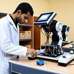 **

A modern, well-equipped robotics lab at a private university in Egypt. Students are working on robotic projects, using advanced equipment comparable to European universities. The scene conveys innovation and investment in technology.

**