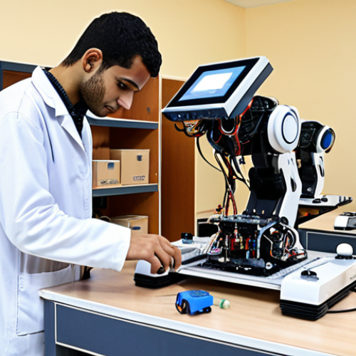 **

A modern, well-equipped robotics lab at a private university in Egypt. Students are working on robotic projects, using advanced equipment comparable to European universities. The scene conveys innovation and investment in technology.

**