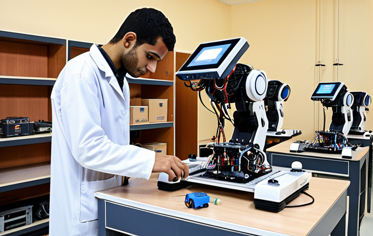 **

A modern, well-equipped robotics lab at a private university in Egypt. Students are working on robotic projects, using advanced equipment comparable to European universities. The scene conveys innovation and investment in technology.

**