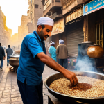 A male Egyptian street food vendor, fully clothed in modest traditional attire, skillfully serves steaming ful medames from a large, rustic qidra pot. The scene is set on a bustling Cairo street at dawn, with soft golden sunlight casting warm hues. Fresh pita bread is piled nearby, and various spices like cumin and coriander are visible. The atmosphere is vibrant, authentic, and inviting, capturing the essence of a traditional breakfast ritual. safe for work, appropriate content, fully clothed, family-friendly, perfect anatomy, correct proportions, natural pose, well-formed hands, proper finger count, natural body proportions, professional photography, high quality.