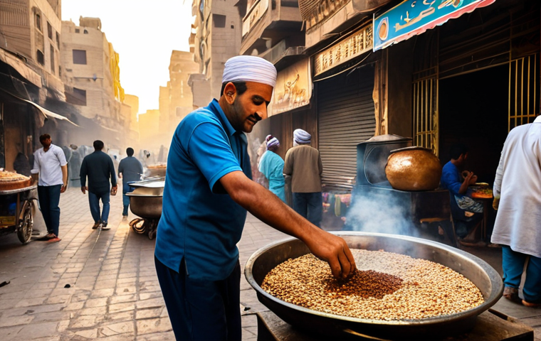 A male Egyptian street food vendor, fully clothed in modest traditional attire, skillfully serves steaming ful medames from a large, rustic qidra pot. The scene is set on a bustling Cairo street at dawn, with soft golden sunlight casting warm hues. Fresh pita bread is piled nearby, and various spices like cumin and coriander are visible. The atmosphere is vibrant, authentic, and inviting, capturing the essence of a traditional breakfast ritual. safe for work, appropriate content, fully clothed, family-friendly, perfect anatomy, correct proportions, natural pose, well-formed hands, proper finger count, natural body proportions, professional photography, high quality.