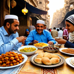 Iftar Feast**

"A family-friendly scene of an Egyptian family enjoying an Iftar meal outdoors at sunset, fully clothed in modest, traditional clothing. The table is laden with delicious Ramadan dishes like Qatayef and dates. Soft, warm lighting. Background shows a bustling Cairo street. Safe for work, appropriate content, perfect anatomy, correct proportions, natural pose, professional photography, high quality."

**