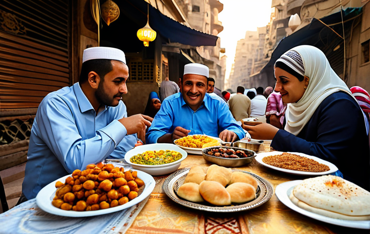 Iftar Feast**
"A family-friendly scene of an Egyptian family enjoying an Iftar meal outdoors at sunset, fully clothed in modest, traditional clothing. The table is laden with delicious Ramadan dishes like Qatayef and dates. Soft, warm lighting. Background shows a bustling Cairo street. Safe for work, appropriate content, perfect anatomy, correct proportions, natural pose, professional photography, high quality."
**