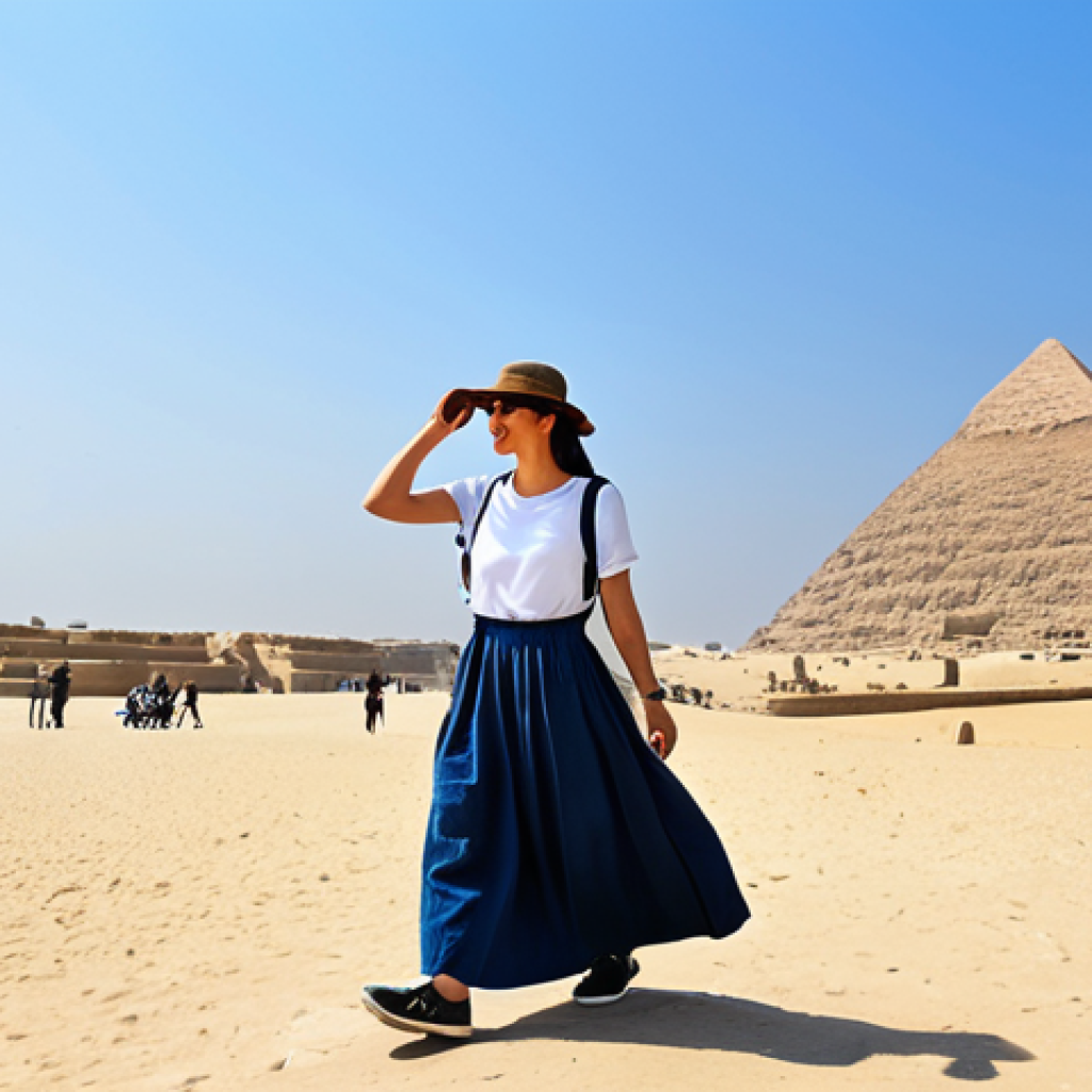 Exploring Ancient Egypt**
A tourist woman fully clothed in modest linen clothing appropriate for the Egyptian climate, including a long skirt and short-sleeved top, exploring the Giza pyramids during the day. She's wearing comfortable walking shoes and a crossbody bag. Background shows other tourists and the clear blue sky. Safe for work, appropriate content, perfect anatomy, natural proportions, professional photography, high quality, family-friendly.
**
