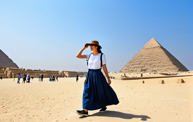 Exploring Ancient Egypt**
A tourist woman fully clothed in modest linen clothing appropriate for the Egyptian climate, including a long skirt and short-sleeved top, exploring the Giza pyramids during the day. She's wearing comfortable walking shoes and a crossbody bag. Background shows other tourists and the clear blue sky. Safe for work, appropriate content, perfect anatomy, natural proportions, professional photography, high quality, family-friendly.
**