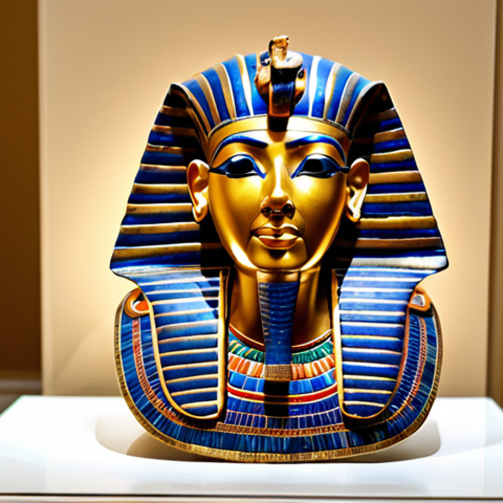 **
"The golden mask of Tutankhamun, displayed in a museum setting with soft lighting. Intricate details of lapis lazuli and gold are visible. Background shows other ancient Egyptian artifacts subtly out of focus. Safe for work, appropriate content, fully clothed, professional museum photography, perfect anatomy (of the mask), natural proportions, modest representation, high resolution."
**
