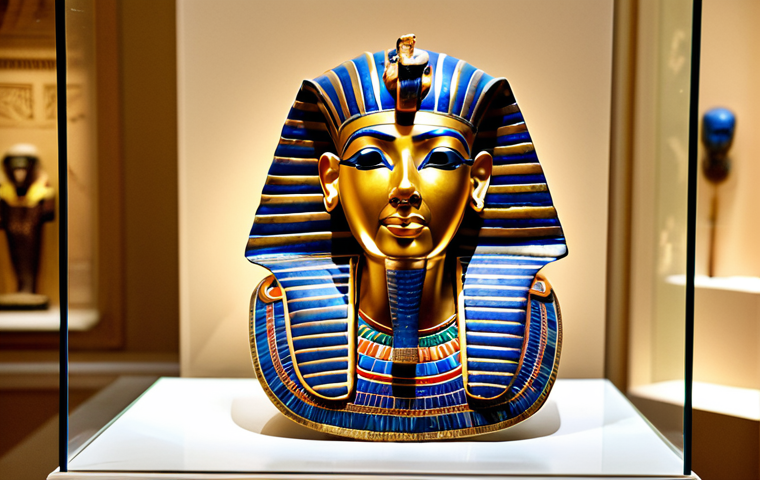**
"The golden mask of Tutankhamun, displayed in a museum setting with soft lighting. Intricate details of lapis lazuli and gold are visible. Background shows other ancient Egyptian artifacts subtly out of focus. Safe for work, appropriate content, fully clothed, professional museum photography, perfect anatomy (of the mask), natural proportions, modest representation, high resolution."
**