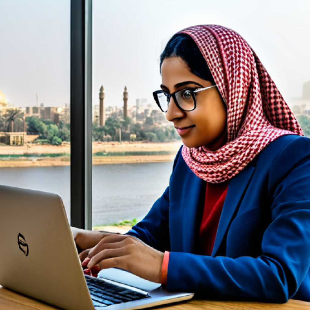 Digital Marketing in Cairo**

"A professional digital marketer, fully clothed in modest business attire, working on a laptop at a modern co-working space in Cairo. The background shows glimpses of the city with the Nile River. Safe for work, appropriate content, perfect anatomy, natural proportions, well-formed hands, proper finger count, professional, high-quality digital art, family-friendly."

**