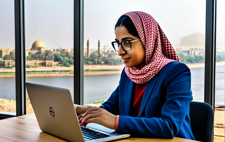Digital Marketing in Cairo**
"A professional digital marketer, fully clothed in modest business attire, working on a laptop at a modern co-working space in Cairo. The background shows glimpses of the city with the Nile River. Safe for work, appropriate content, perfect anatomy, natural proportions, well-formed hands, proper finger count, professional, high-quality digital art, family-friendly."
**