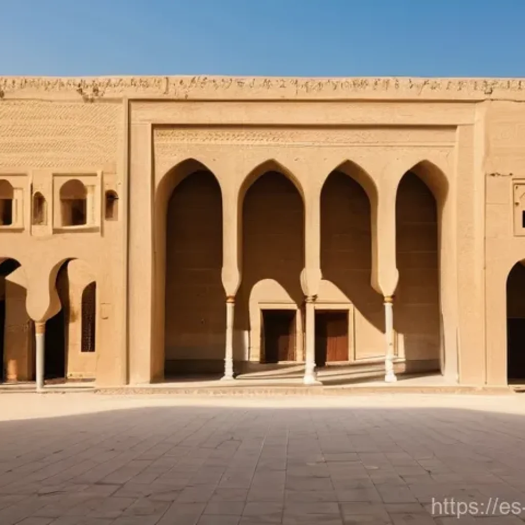이집트에서 가장 오래된 모스크 - **Prompt:** "A serene, wide shot of the very first Amr ibn al-As Mosque in Fustat, Egypt, as it migh...
