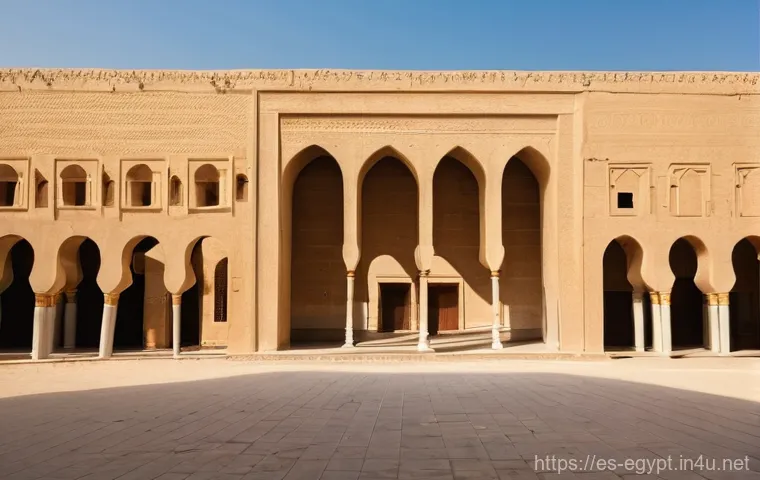 이집트에서 가장 오래된 모스크 - **Prompt:** "A serene, wide shot of the very first Amr ibn al-As Mosque in Fustat, Egypt, as it migh...