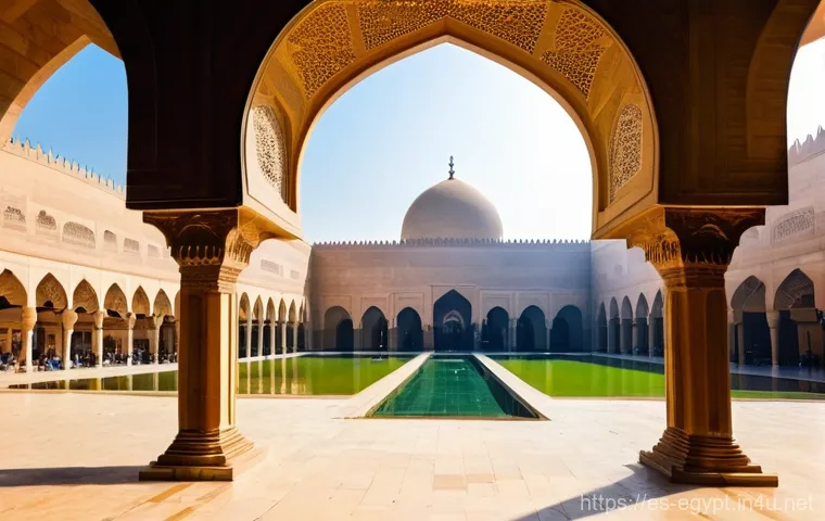 이집트에서 가장 오래된 모스크 - **Prompt:** "A serene, wide shot of the very first Amr ibn al-As Mosque in Fustat, Egypt, as it migh...