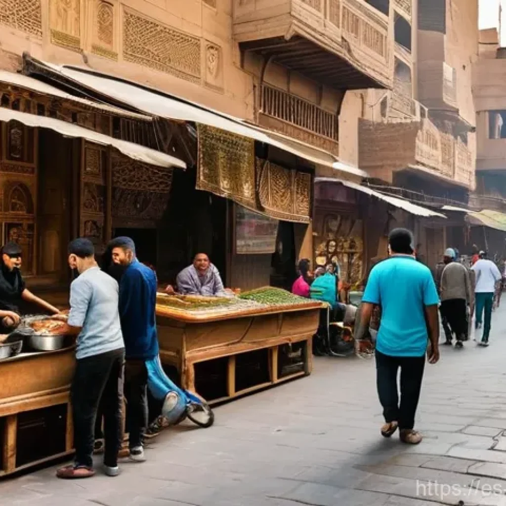 이집트 북부와 남부 문화 차이 - **Northern Egyptian Urban Food and Music Scene:**
    A vibrant, bustling street scene in a large No...