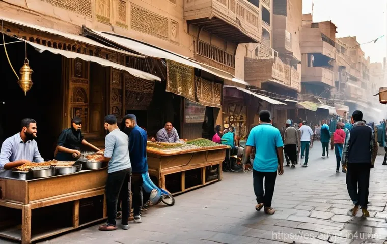 이집트 북부와 남부 문화 차이 - **Northern Egyptian Urban Food and Music Scene:**
A vibrant, bustling street scene in a large No...