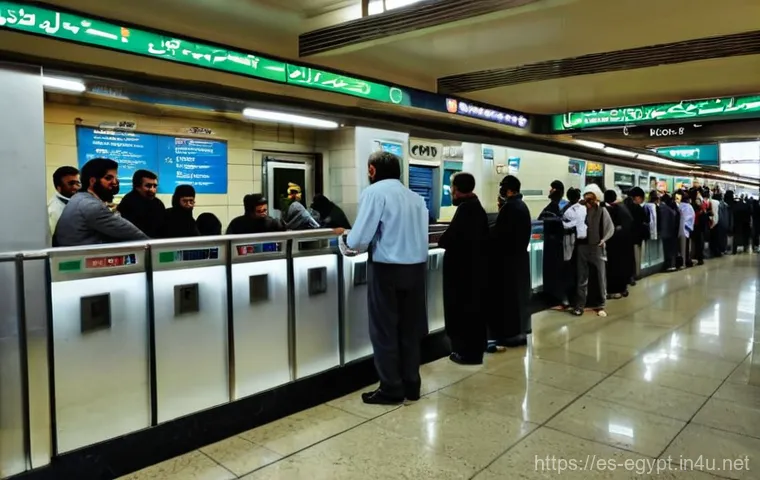 카이로 지하철 이용법 - Cairo Metro Ticket Counter Scene**
"A lively and authentic scene inside a Cairo Metro station. A di...