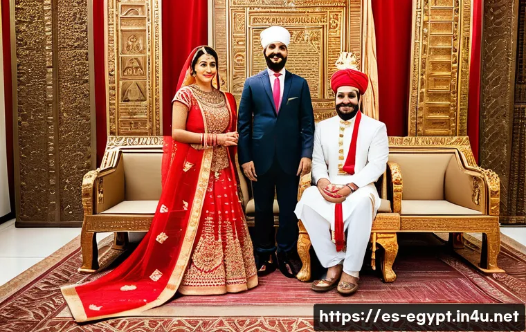 이집트의 결혼 문화와 결혼 절차 - A traditional Egyptian engagement ceremony scene, featuring two families gathered in a warmly decora...