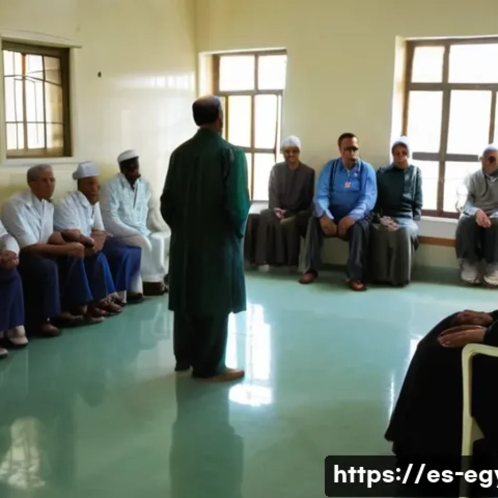 이집트 국립 병원 vs 사립 병원 비교 - A crowded public hospital waiting area in Egypt, showing diverse patients of various ages and backgr...
