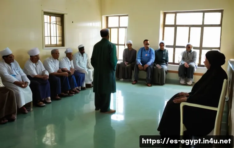 이집트 국립 병원 vs 사립 병원 비교 - A crowded public hospital waiting area in Egypt, showing diverse patients of various ages and backgr...