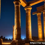 이집트에서 유명한 유령 이야기 - A haunting night scene inside the ancient Karnak temple at dusk, featuring towering stone columns sh...