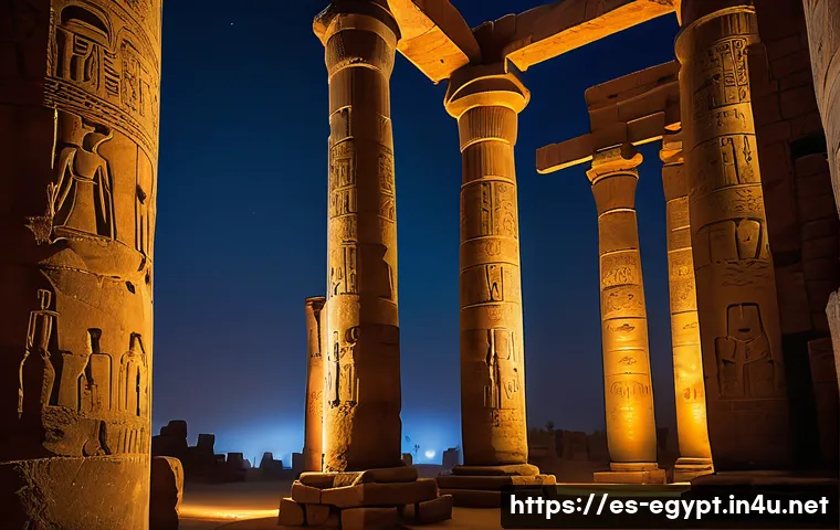 이집트에서 유명한 유령 이야기 - A haunting night scene inside the ancient Karnak temple at dusk, featuring towering stone columns sh...