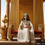 클레오파트라의 정치와 사랑 이야기 - A regal Cleopatra seated on an ornate golden throne inside an ancient Egyptian palace, wearing elega...