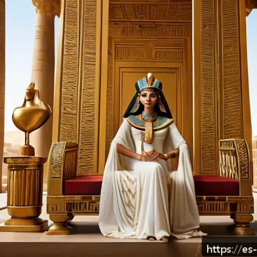 클레오파트라의 정치와 사랑 이야기 - A regal Cleopatra seated on an ornate golden throne inside an ancient Egyptian palace, wearing elega...