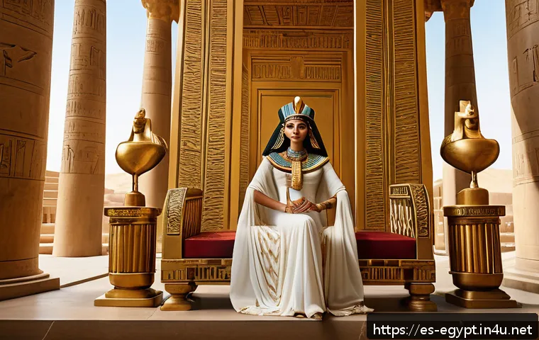 클레오파트라의 정치와 사랑 이야기 - A regal Cleopatra seated on an ornate golden throne inside an ancient Egyptian palace, wearing elega...