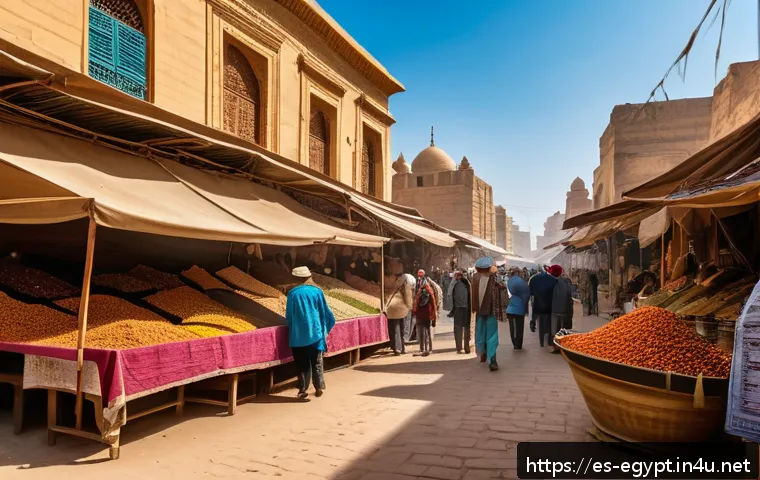 이집트 기후와 최적의 여행 시즌 - A vibrant outdoor market scene in Cairo during spring, featuring tourists wearing light, breathable ...