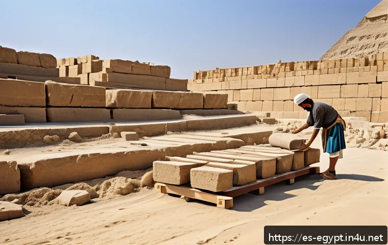이집트에서 유명한 역사적 사건 - A detailed scene of ancient Egyptian workers wearing linen kilts and sandals, collaboratively moving...