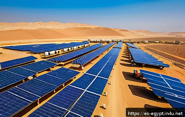이집트의 최신 기술 트렌드 - A vibrant, detailed scene of the Benban Solar Park in Aswan, Egypt, showcasing vast fields of solar ...