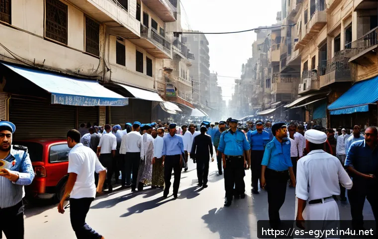 이집트 내무부와 경찰 시스템 - A busy urban street scene in Cairo during the day, showing dense crowds of diverse people walking an...
