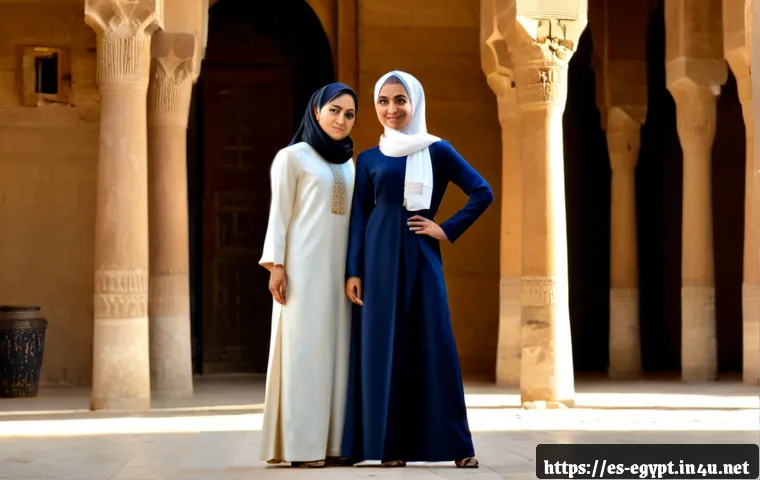 이집트의 패션 트렌드와 전통복식 비교 - Photorealistic fashion comparison scene in Cairo, two adult Egyptian women standing side by side in ...