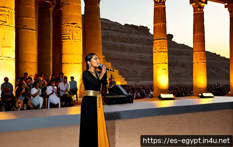 이집트의 음악과 현대 팝 아티스트 - Photorealistic Egyptian pop singer performing on an outdoor stage beside ancient sandstone columns a...