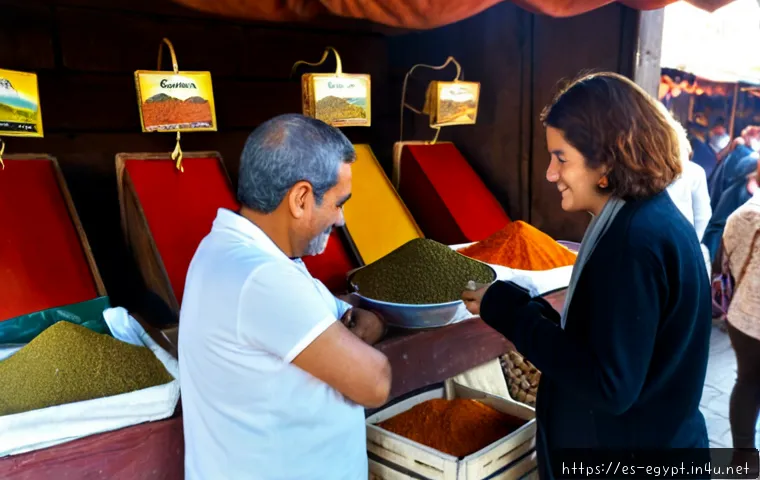 Home 17 이집트 향신료 시장 추천 - Photorealistic Egyptian spice market in Cairo, warmly lit wooden stalls displaying neat open baskets...